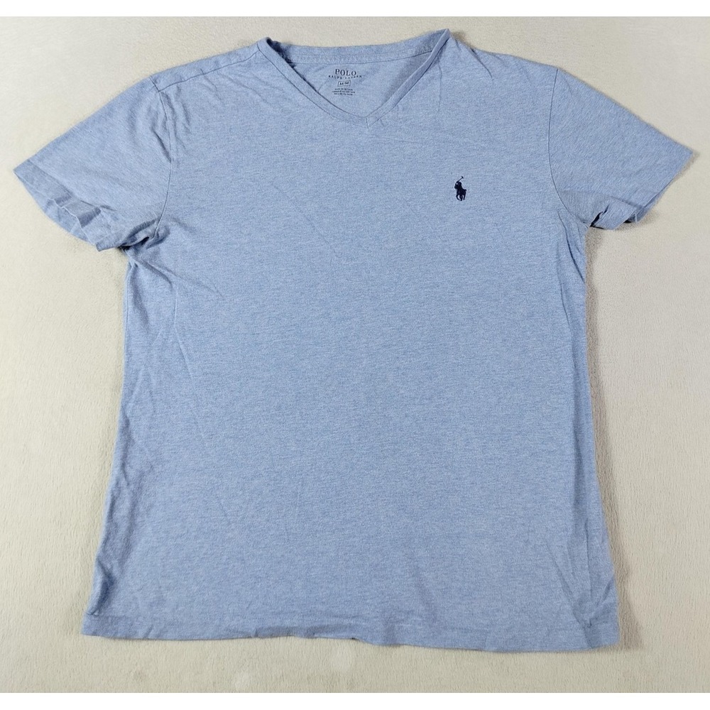 Polo Ralph Lauren Shirt Mens Medium Blue V Neck Pony Logo Tee Tagless Casual